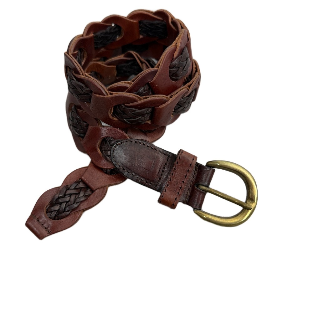 Aimee Lynn Belt Womens ML Brown Woven Braided Leather Brass Buckle Boho